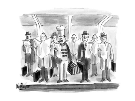 warren-miller-chef-with-hat-and-lobster-trap-on-subway-stop-with-businessmen-with-briefc-new-yorker-cartoon